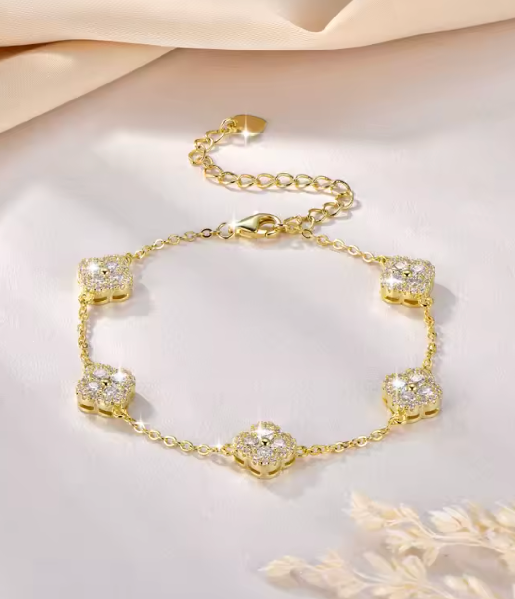 Anziw 14K Gold Filled Moissanite Clover Flower Bracelet